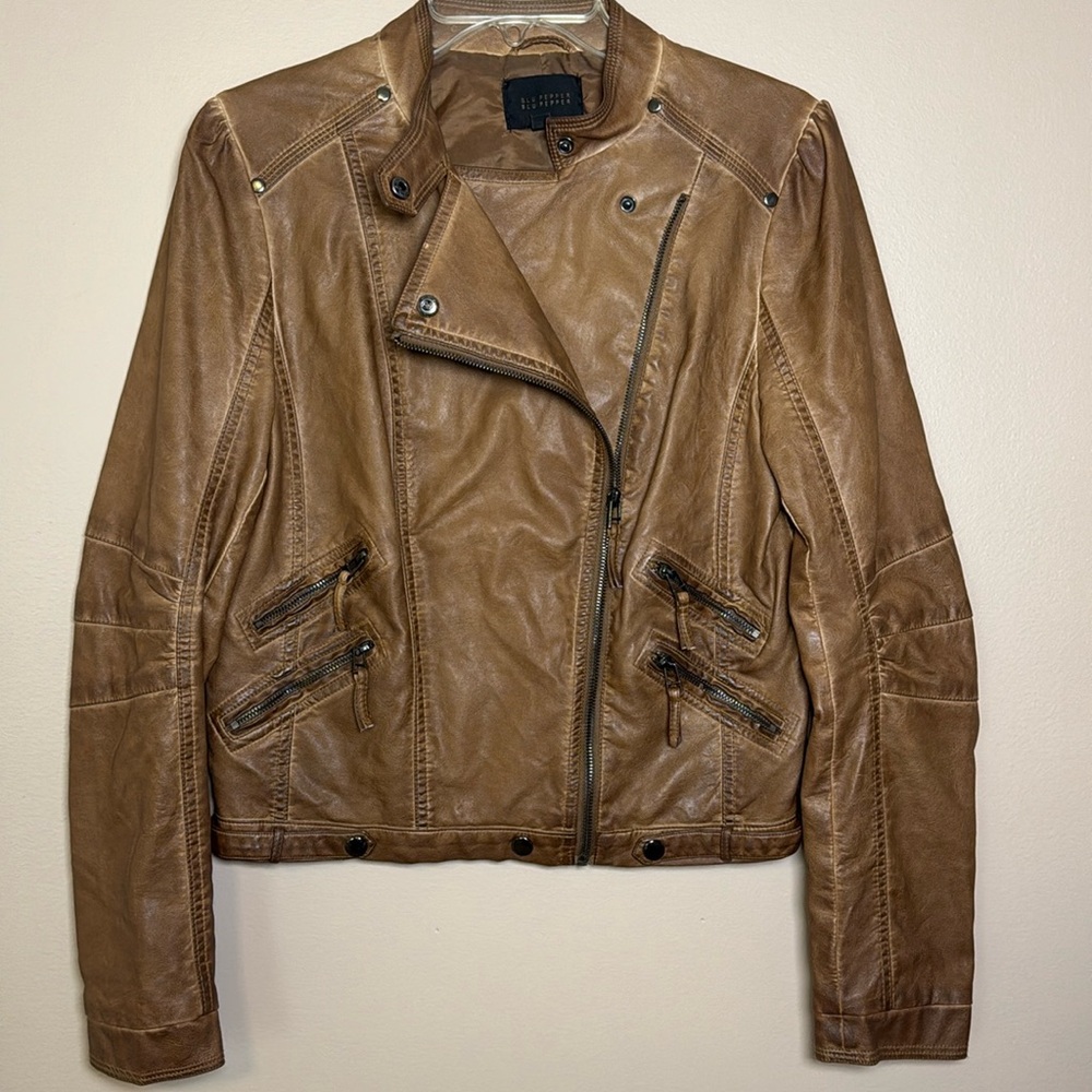 Blu Pepper Faux Brown Leather Moto Jacket Ladies Large - Picture 2 of 16